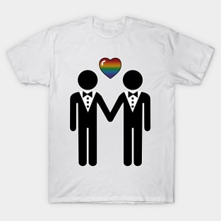 Gay Silhouette Grooms with Rainbow Colored Pride Heart T-Shirt